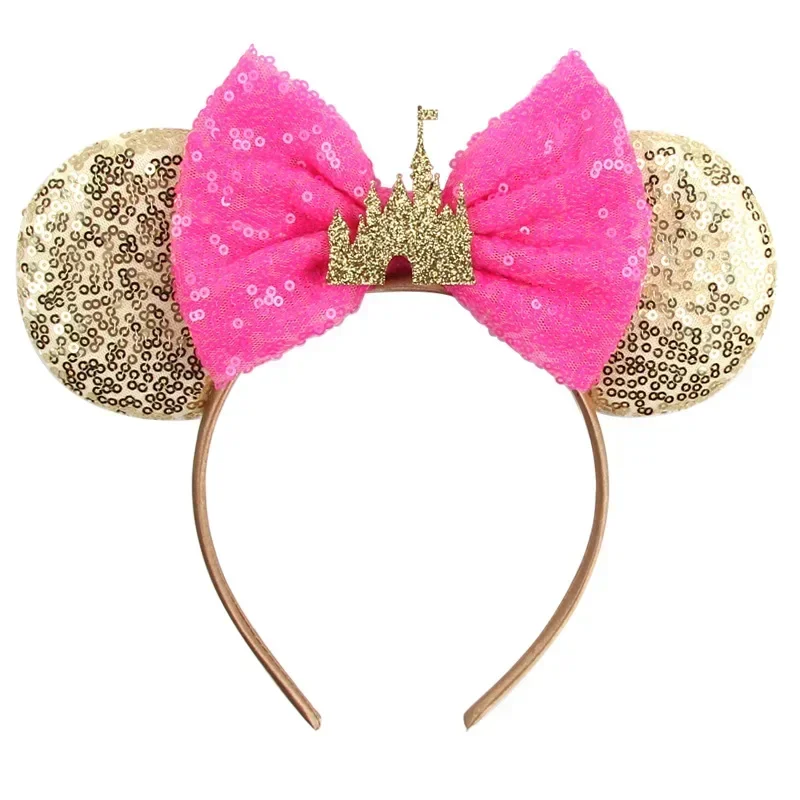 Disney Castle Fireworks Mickey Mouse Ears Headband for Girls Kids Women Sequins Bows Hair Accessories Adult Hairbands Kids Gifts