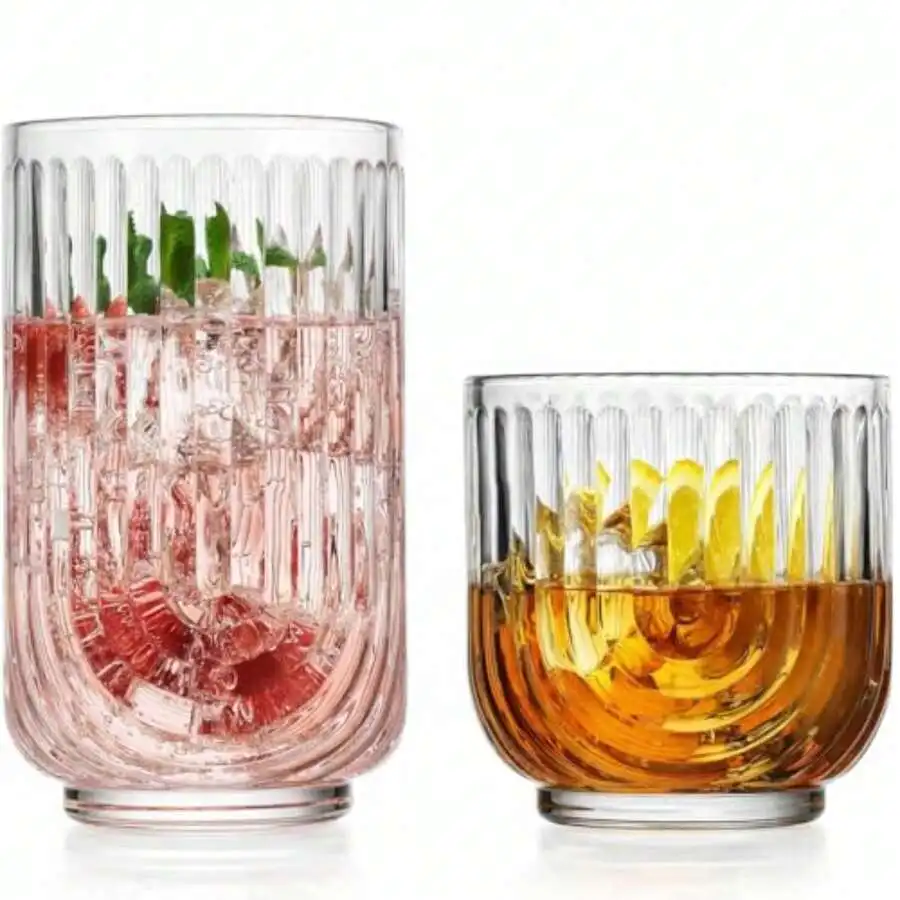 16-Piece Drinking Glass Set, Art Deco Ribbed Arch Design, Clear U-Shape Glassware, 17oz Highball And 11oz DOF Glasses