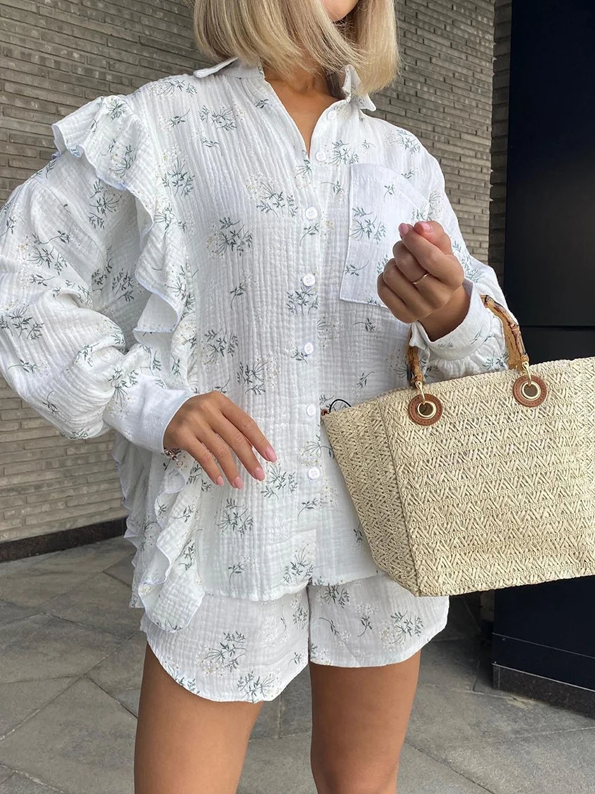 Marthaqiqi Causal Female Sleepwear Set Long Sleeve Pajamas Turn-Down Collar Nightwear Shorts Fashion Printing Women Nightie Suit