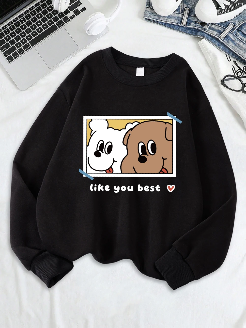 Like You Best Couple Dog Printed Sweatshirts Women Crewneck Sporty Hoodies Loose Fleece Warm Tops Autumn Casual Woman Clothes