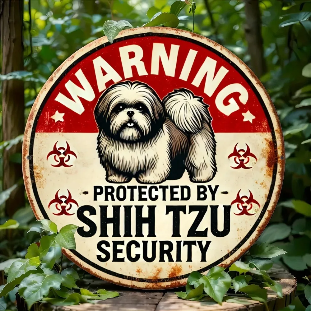 Señal de Pared Metálica 2D Flat Shih Tzu Vintage, Acabado Rojo Aviso Seguridad Placa Redonda Resistente para Exterior e Interior