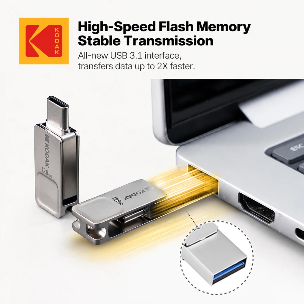 Immagine 3: KODAK Mini Chiavetta USB Type-C e USB 3.1, Pen Drive 32GB 64GB 128GB, Memoria Portatile USB 3.0 per Auto, Telefono, PC, Laptop
