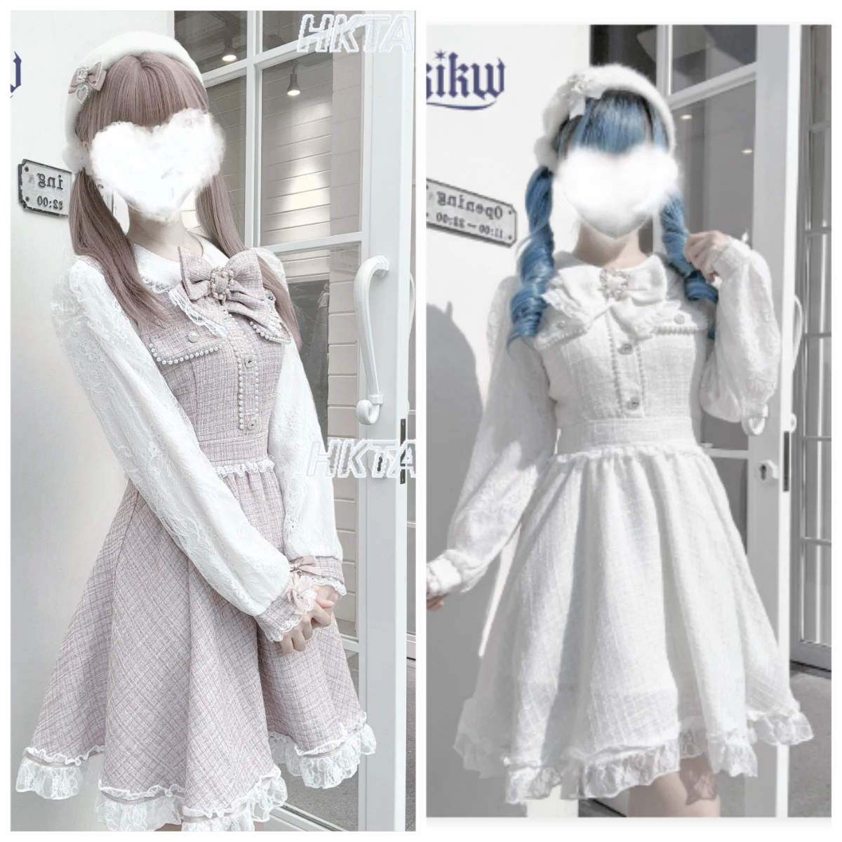

Japanese Sweet Cute Elegant Bow Doll Collar Lace Long Sleeved High Waist White Woolen Dress Women Autumn Lolita Dress Ladies