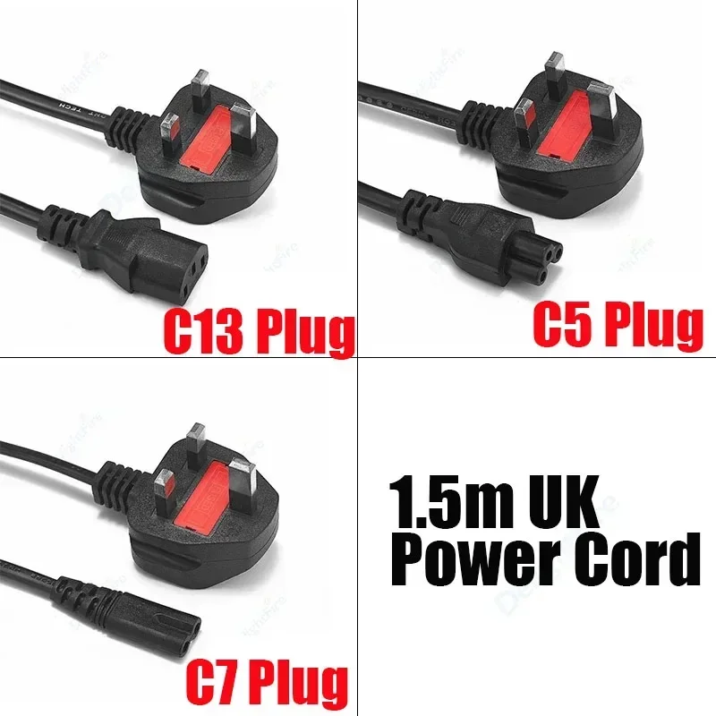 UK Power Extension Cord C7 C5 C13 Type G Plug Power Supply Cable with Fuse 1.5m 5ft for Notebook Laptop Battery Charger Monitors