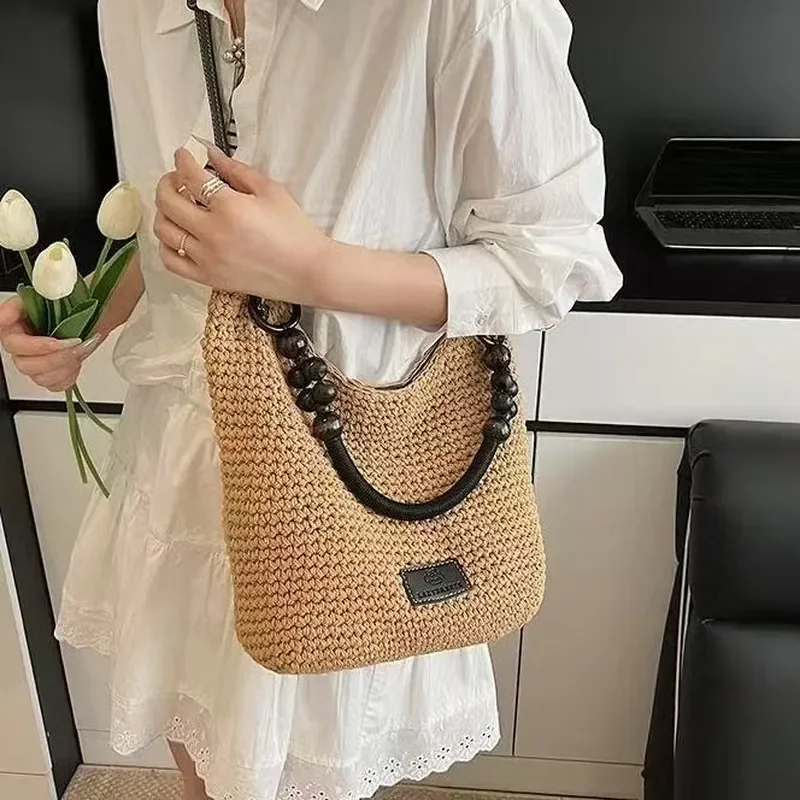 2025 New Summer Woven Shoulder Tote Bag for Women Casual Large Capacity Portable Beach Messenger Bag Fashionable Handbag - view 2