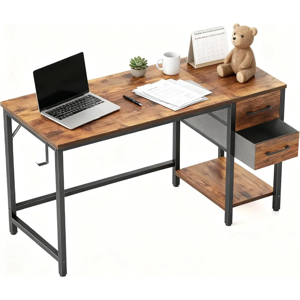 47 Inch Modern Home Office Desk with Drawers, Vintage Brown Study Writing Table, Sturdy PC Desk