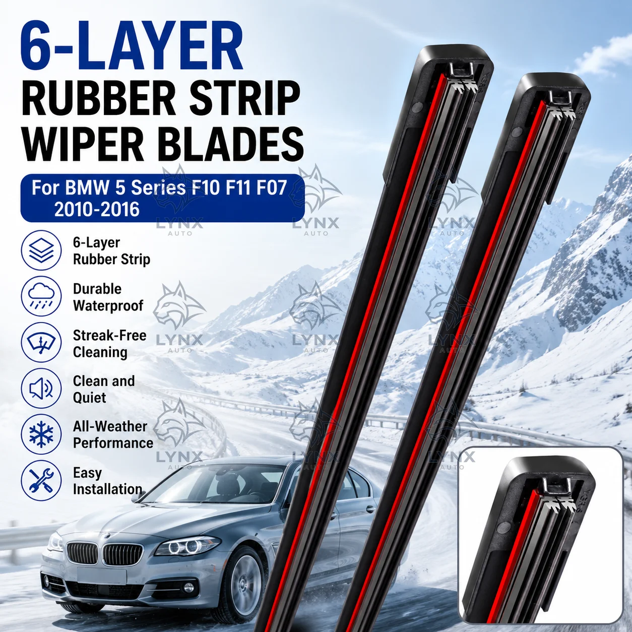 2Pcs 6-Layer Rubber Strip Winter Front Wiper Blades Waterproof For BMW 5 Series F10 F11 F07 2010-2016 Car Accessories