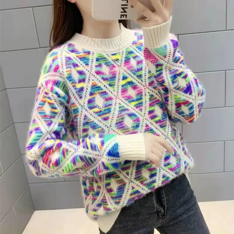 Western-Style Color Pullover Sweater Women Loose And Warm Wearing Lazy Wind Fashion Simple Versatile Knit Bottoming Shirt