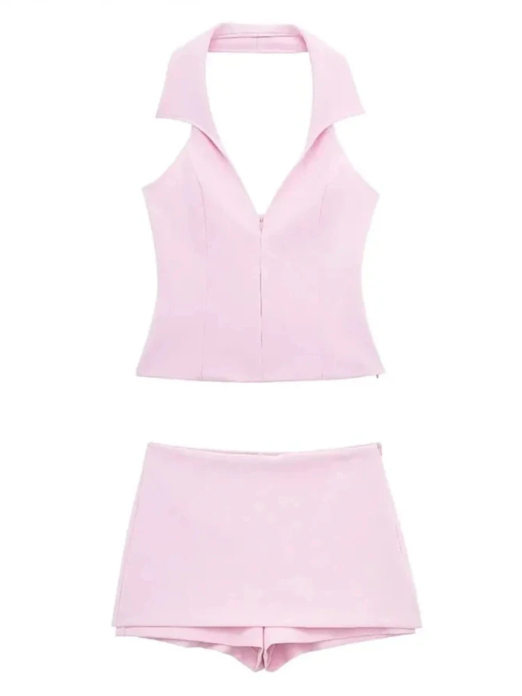 HH 2024 Women Sexy Pink Camis Top Shorts Set Summer Fashion Halter Neck Backless Top+Sweet Pink Short Pant Lady Suit