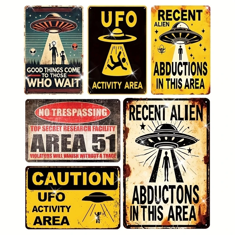 

6pcs Vintage UFO Metal Tin Signs - Retro Sci-Fi Wall Art, 20.32x30.48 cm, Funny Alien Warning Decor for Home, Bar, or Club, W