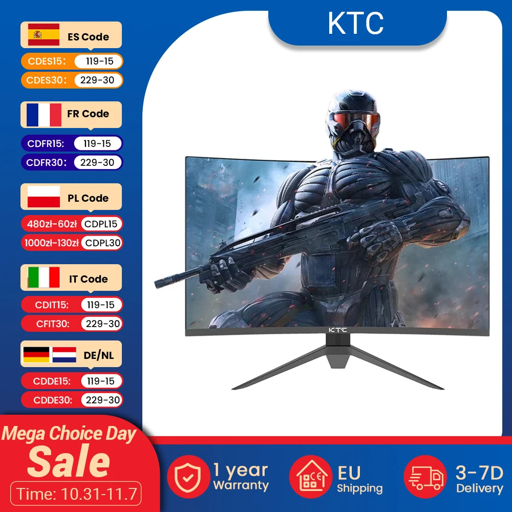 KTC H32S17 32 inch 1500R Curved Gaming Monitor 2560x1440 QHD 170Hz 16:9 ELED 99% sRGB HDR10 1ms MPRT Response Time Low-blue