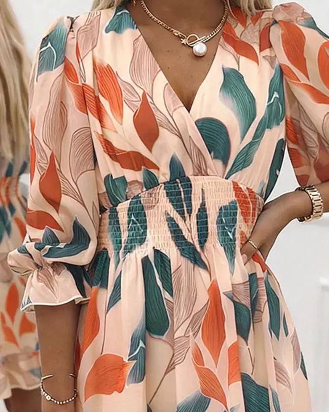 

Women Dress 2026 Spring New Fashion Print V-Neck Three-Quarters Sleeve Pleated Waist Ruffled Hem Casual Daily Mini Dress