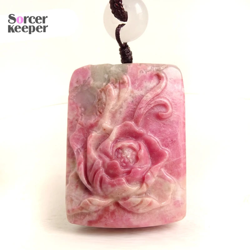 Carved Flower Real Natural Rhodonite Jasper Stone Lucky Amulet Pendant Beads Necklace For Women Men Fashion Charm Jewelry BO388