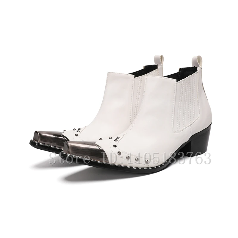 Botas Chelsea de Cuero Genuino Blanco para Hombre, con Punta Metálica, Decoración de Remaches, Elásticas, Estilo Retro Cowboy Rock