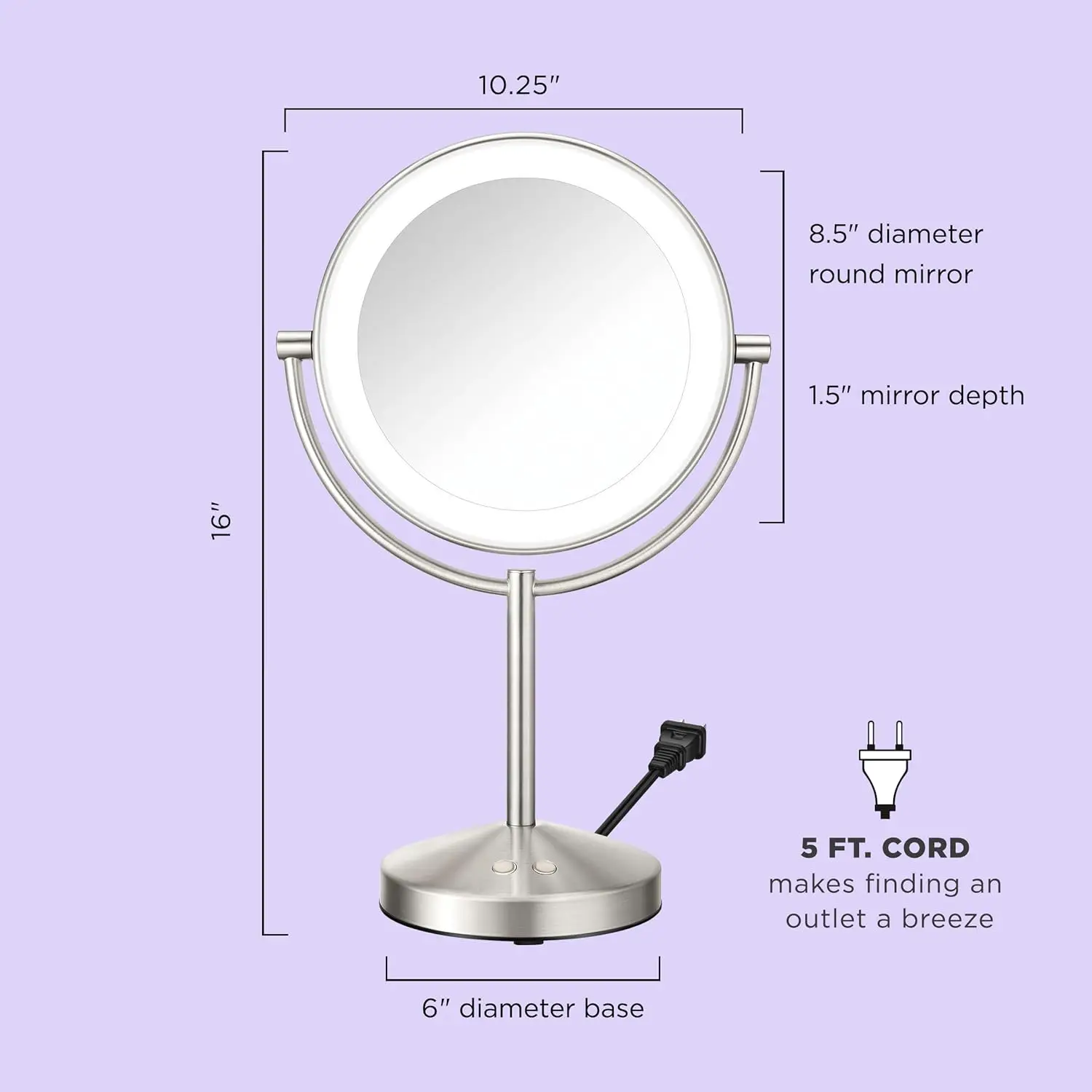Double-Sided LED Vanity Mirror with 1X/10X Magnification, 3 Light Settings, 360° Rotation