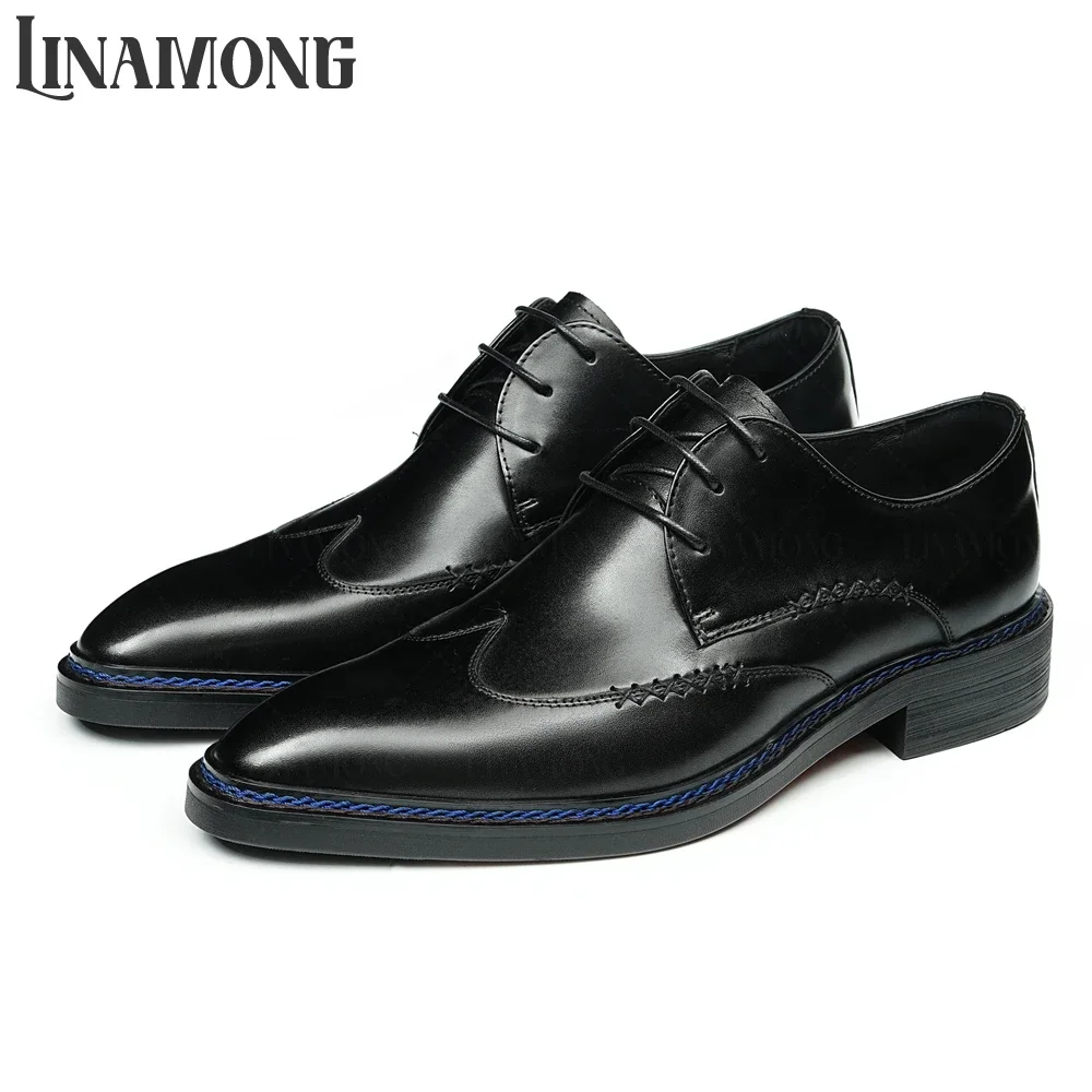 

Black Handmade Genuine Leather Shoes Almond Toe Lace up Dress Shoes Hand Stitched Leather Shoes for Men Wedding Banquet Shoes
