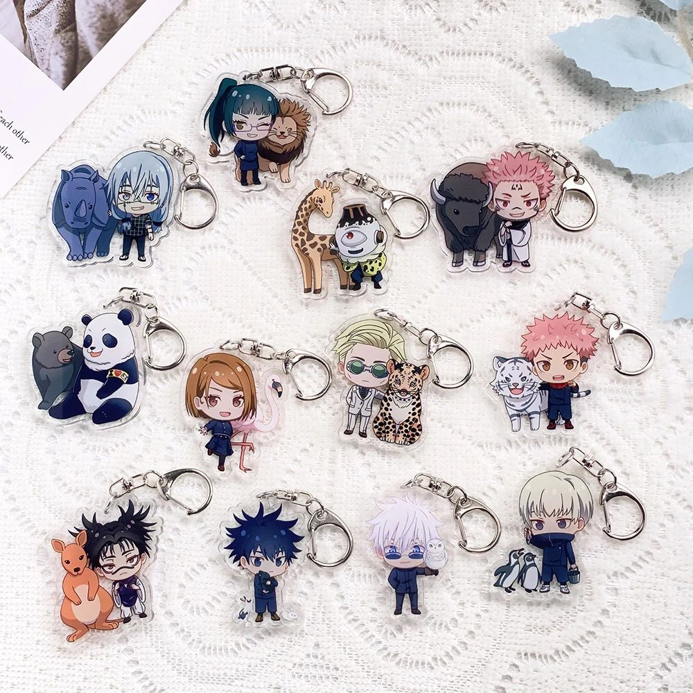 12Pcs Anime Jujutsu Kaisen Car Keychain Acrylic Keyrings Bag Charms Cute Backpack Pendant Funny Prop Decoration Friends Gifts