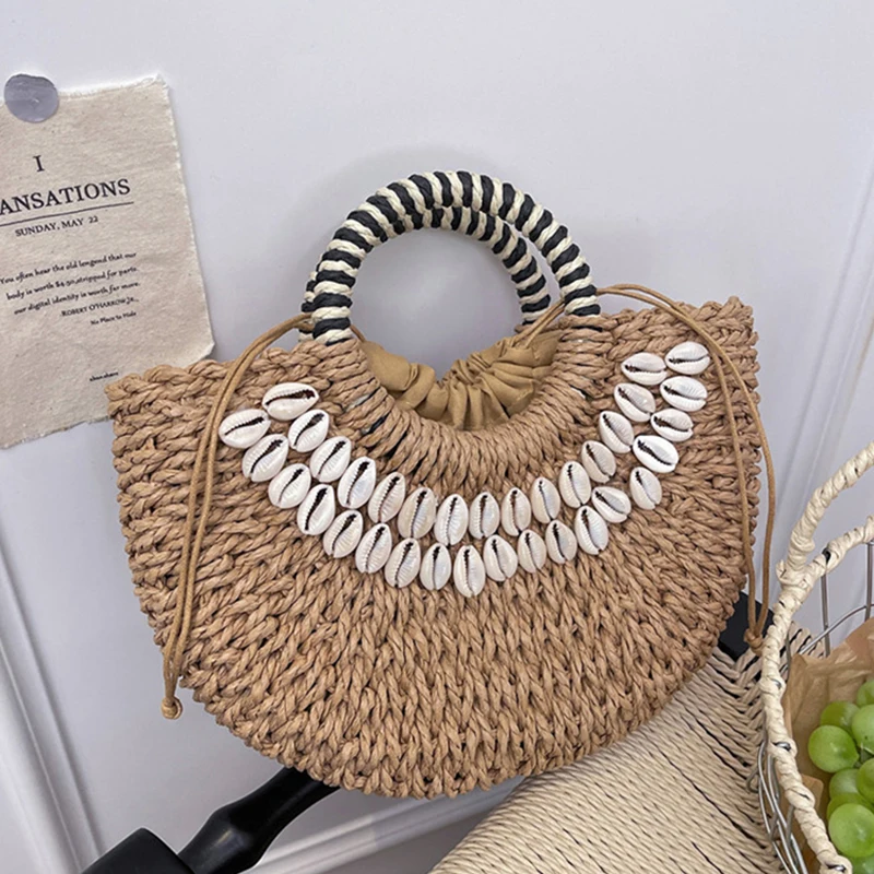 

Соломенная сумка ручной работы Bohemia Seashell, 2-в-1: повседневная пляжная полукруглая сумка-тоут, универсальная вечерняя плетеная сумка на шнурке