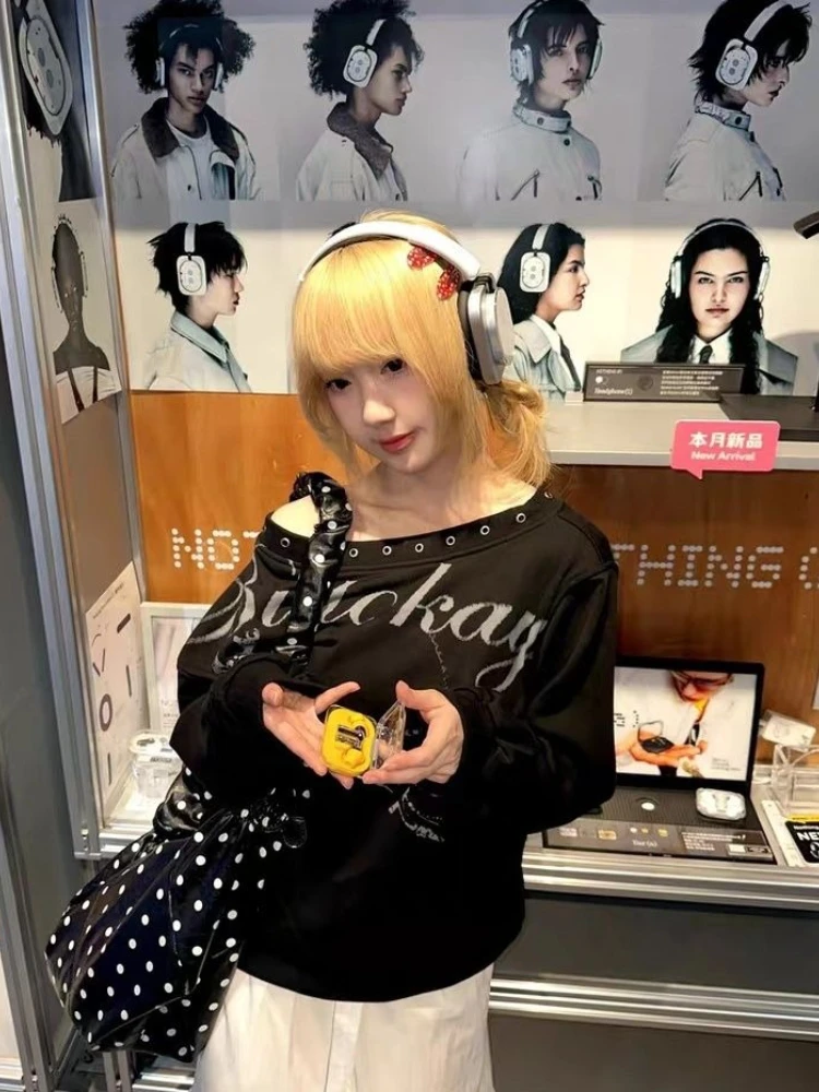 Y2k خمر تي شيرتات طويلة الأكمام الشارع الشهير المرأة عادية الشرير طباعة الأمريكية خمر علوي انحراف طوق ثقافة فرعية 2025 الخريف