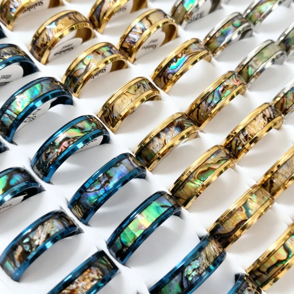 50Pcs Wholesale 6mm 8mm Width Stainless Steel Rings Inlaid Natural Abalone Shell Unisex Band Mixed Sizes for Resellers