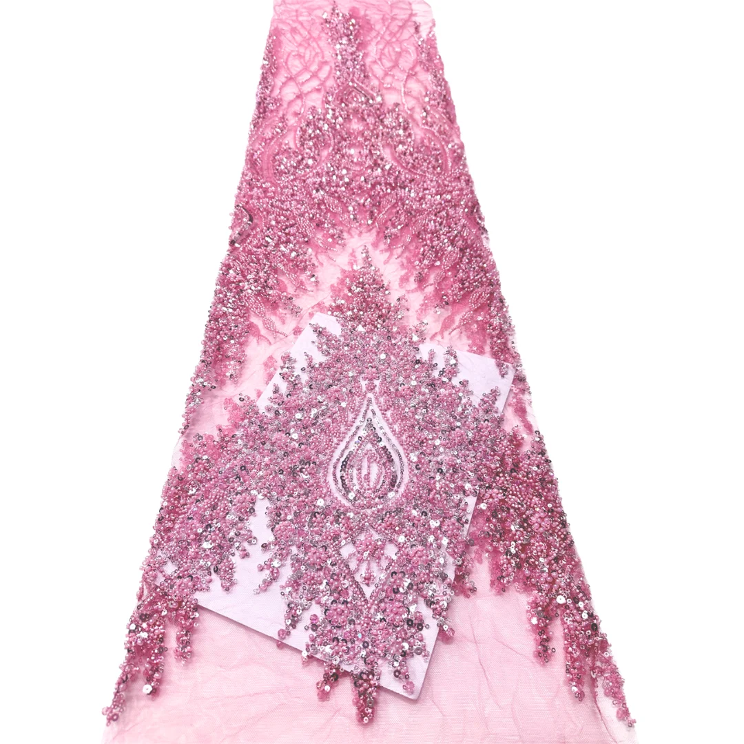 African Heavy Beaded Lace Fabric Moroccan Vertical Motif Sequins Embroidery French Tulle Nigerian Wedding Party Dress Sewing