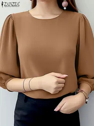 2024 ZANZEA Summer Office Work Shirt Elegant Women O Neck 3/4 Sleeve Blouse Fashion Solid Casual Blusas Femininas Loose OL Tops