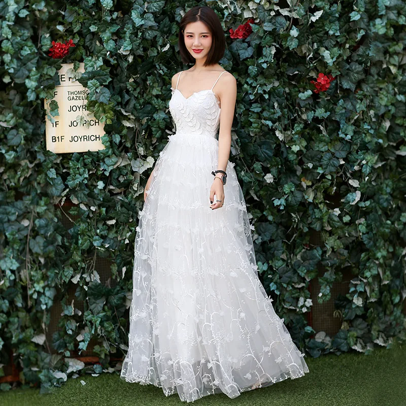 

Strap Wedding Dress White Bridal Engagement Banquet Minimally Embroidered Flower Travel Photography Dress Customized