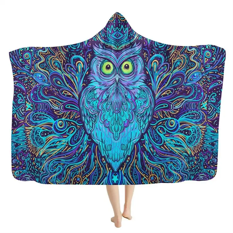 

Psychedelic Owl Hooded Blanket - Beautiful Blue Owl Blanket, Colorful Animal Blanket, Bohemian Blanket, Owl Cloak, Wearable Sher