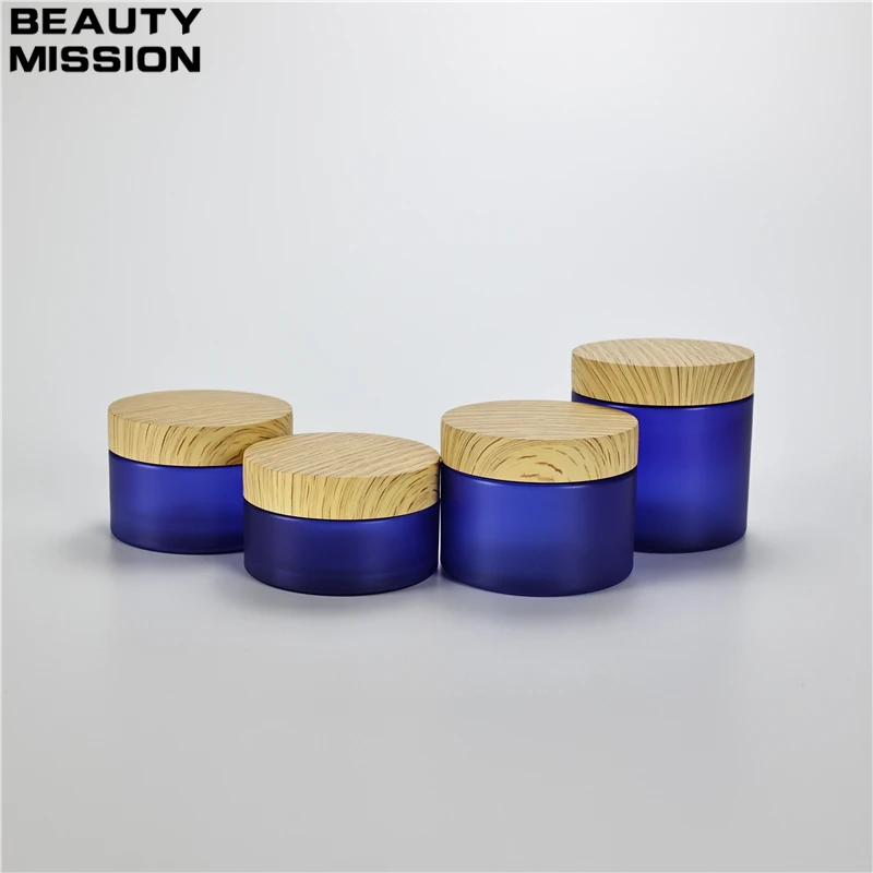 

100g-200g x 20 Frosted Blue Plastic Jar With Imitation Wood Grain Plastic Lid For Face Cream Cosmetics Ointment Packaging Boxs