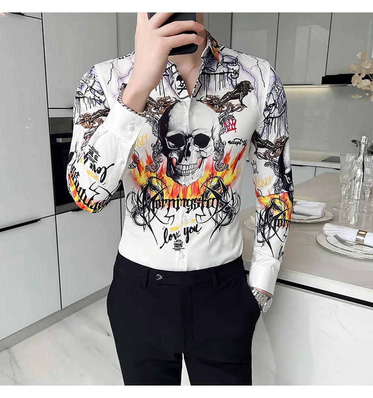 American style hot selling new Men's shirt 3D skull print shirt fashionable Men's personalized casual long sleeved shirt S-5XL