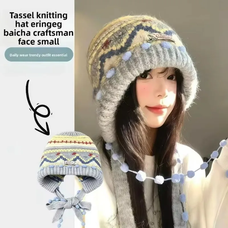 Retro Knit Pullover Hat Fair Isle Style Thickened Plush Beanie Winter Warm Striped Spliced Ear Protection Cold Resistant New Use