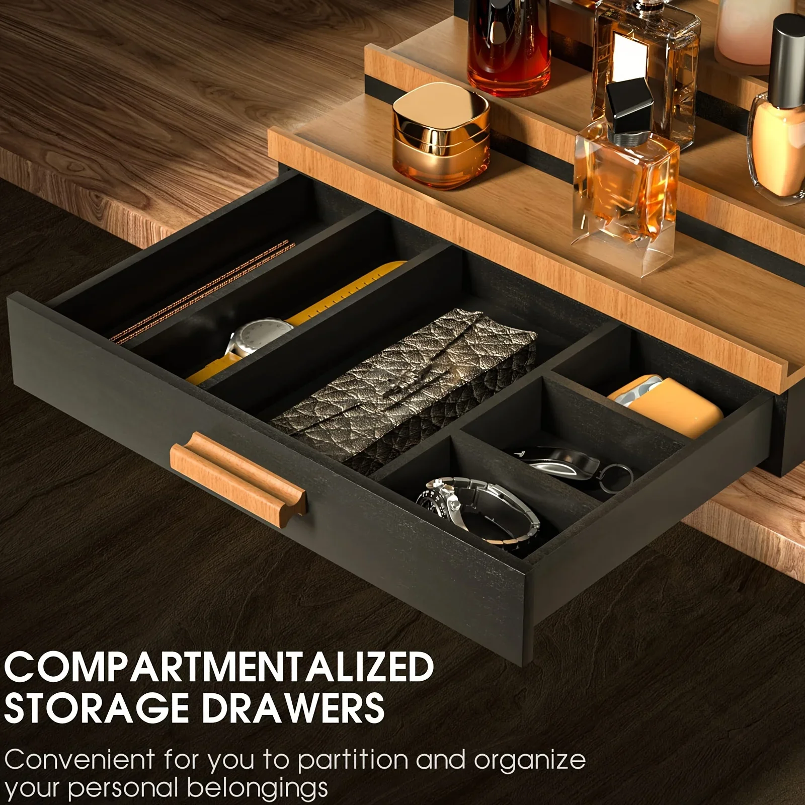 3-Tier Black Walnut Cologne Organizer with Drawer Elegant Men's Perfume Display Stand Artisanal Storage Showcase for Home Decor