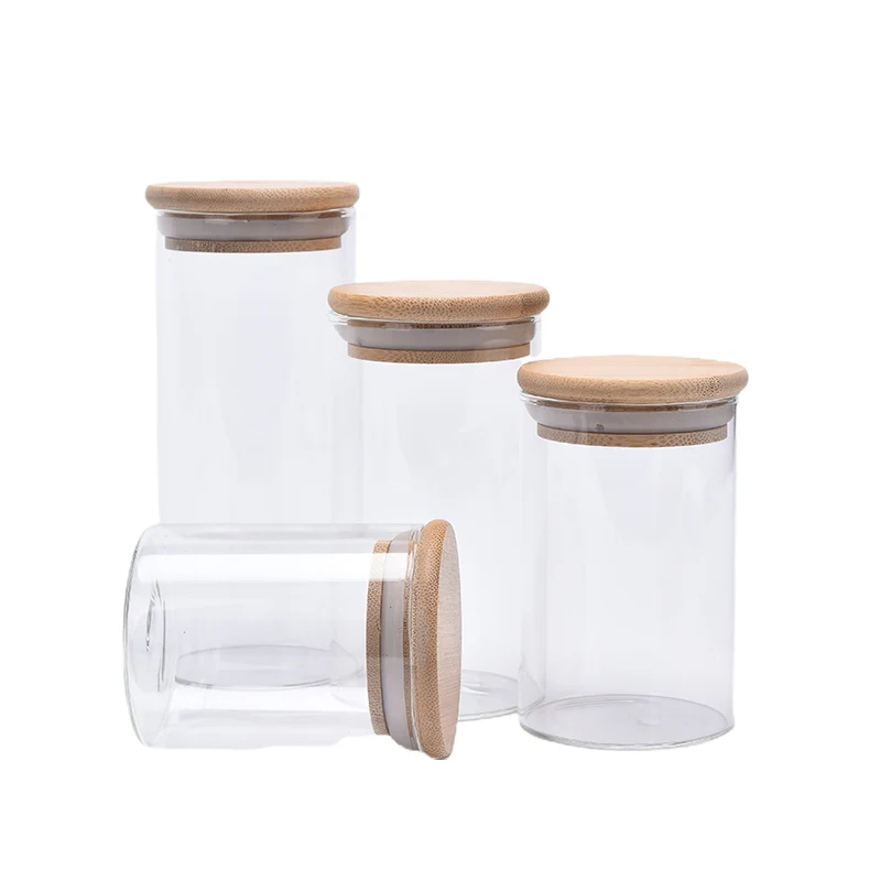 Glass Jar With Bamboo Lid Sealed Canister Food Storage Bottles Container Kitchen Storage For Loose Tea Coffee Bean Sugar Salt