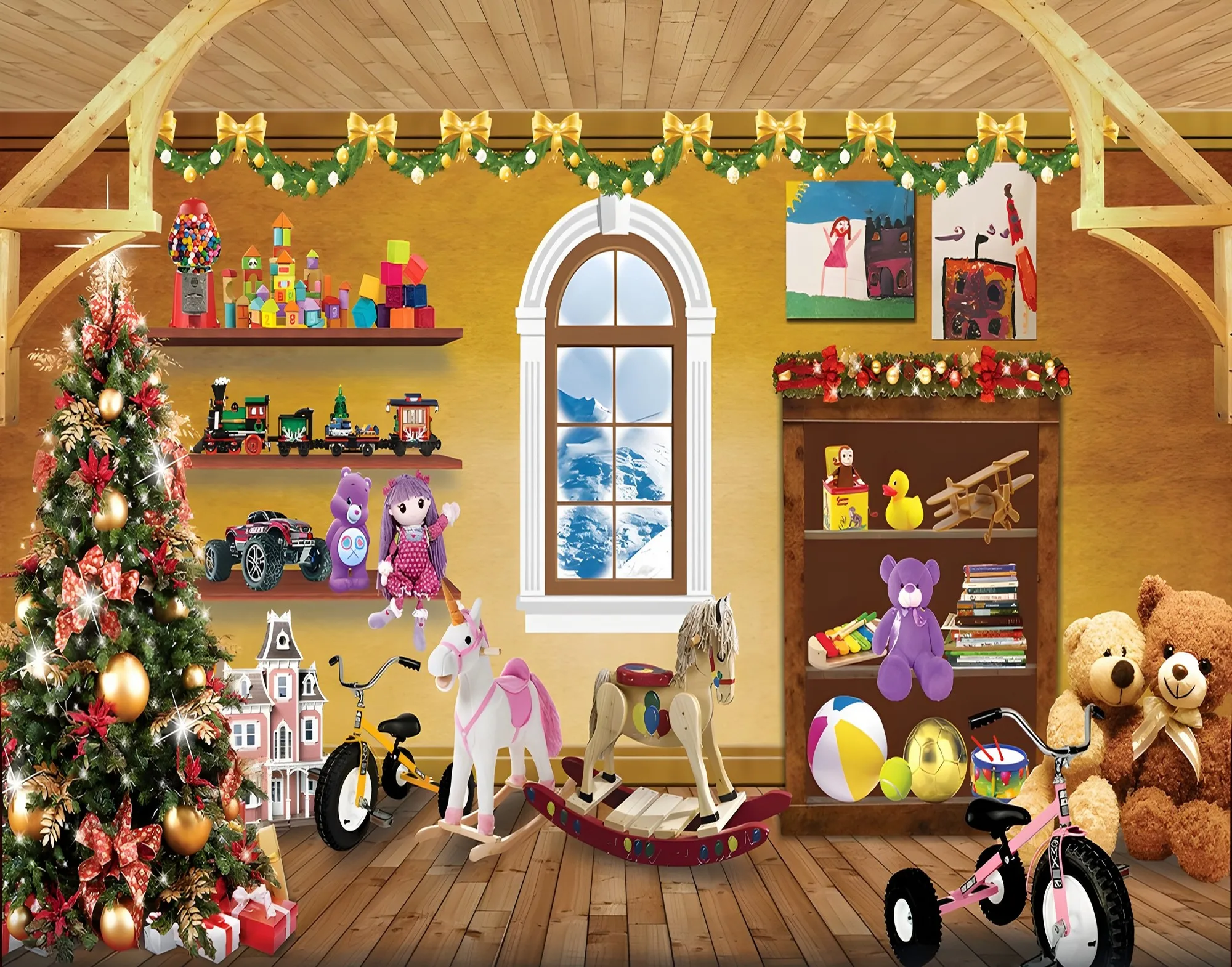 

Toy Room Workshop Christmas tree Window bear backdrops computer print party supplies Photography Studio Backgrounds