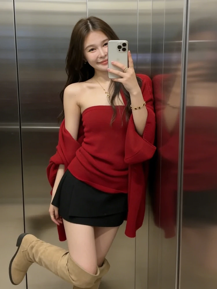 

Christmas New Year Atmosphere Red Knitted Open Cardigan Coat Inner Slimming Tube Top Two-Piece Set Women Winter Fashion Set