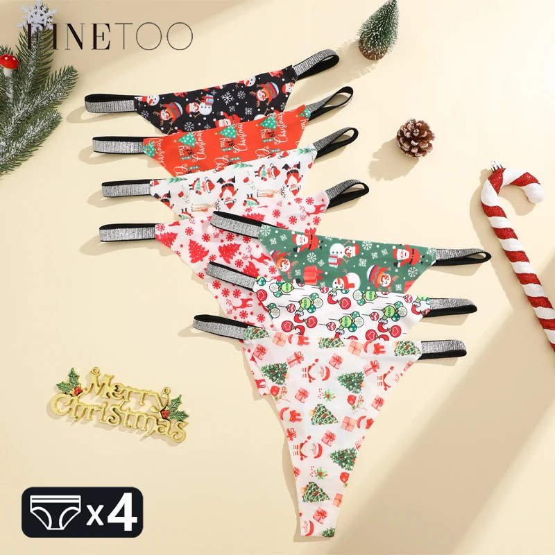 FINETOO 4Pcs Seamless Christmas Theme Thongs Women Sexy Rhinestone Waist Panties Santa Claus Printed Underwear Comfort Lingerie