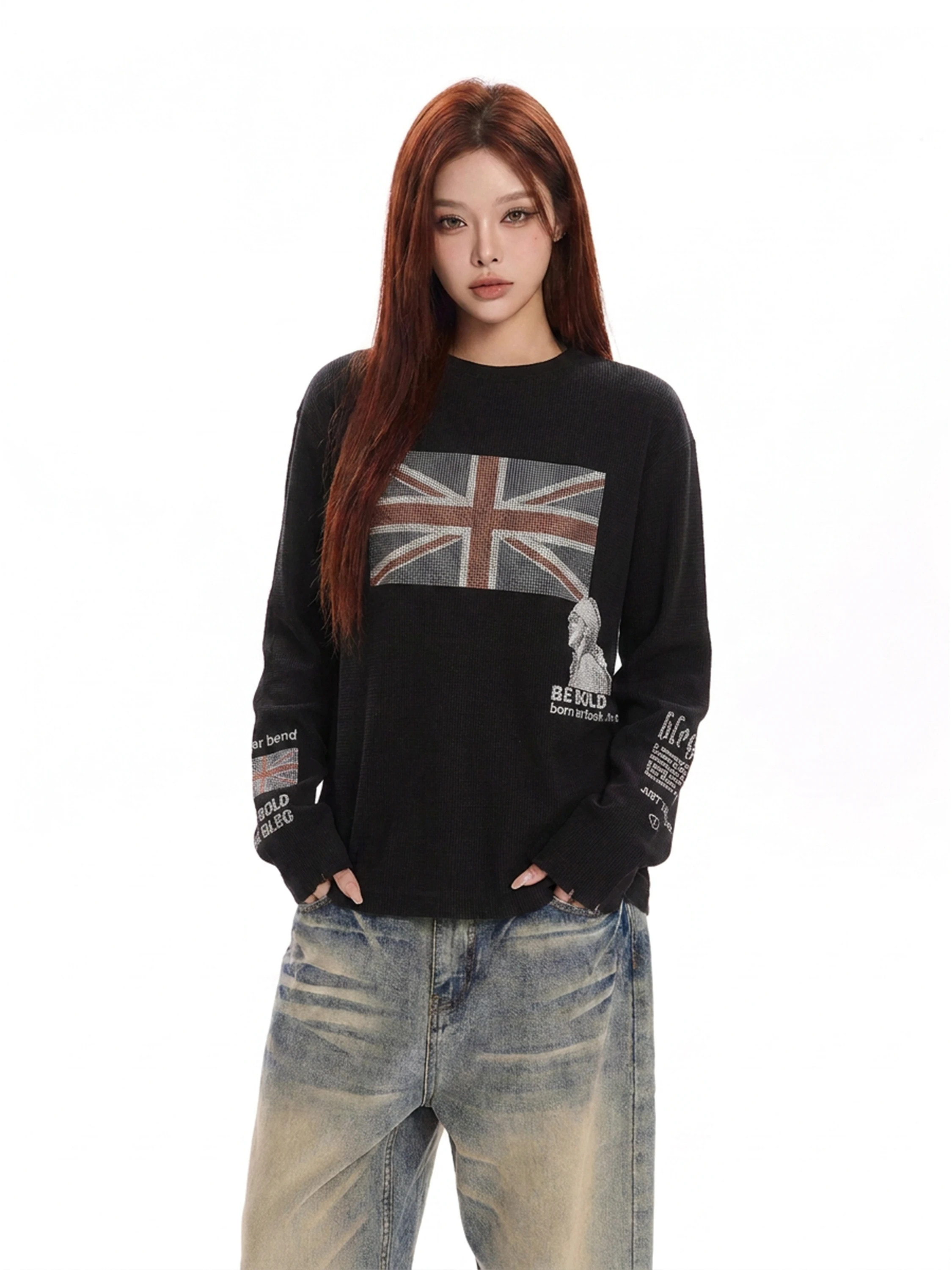 YOOTDS American Flag Print Washed Long Sleeve T-Shirt Unisex Loose Casual Versatile Design Top Cotton Autumn Fashion Clothing