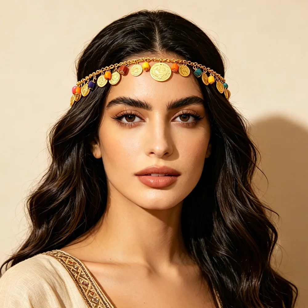 

Moroccan Style Forehead Head Chain Golden Engraved Coin Colorful Tassels Fashion Hair Accessory for Women