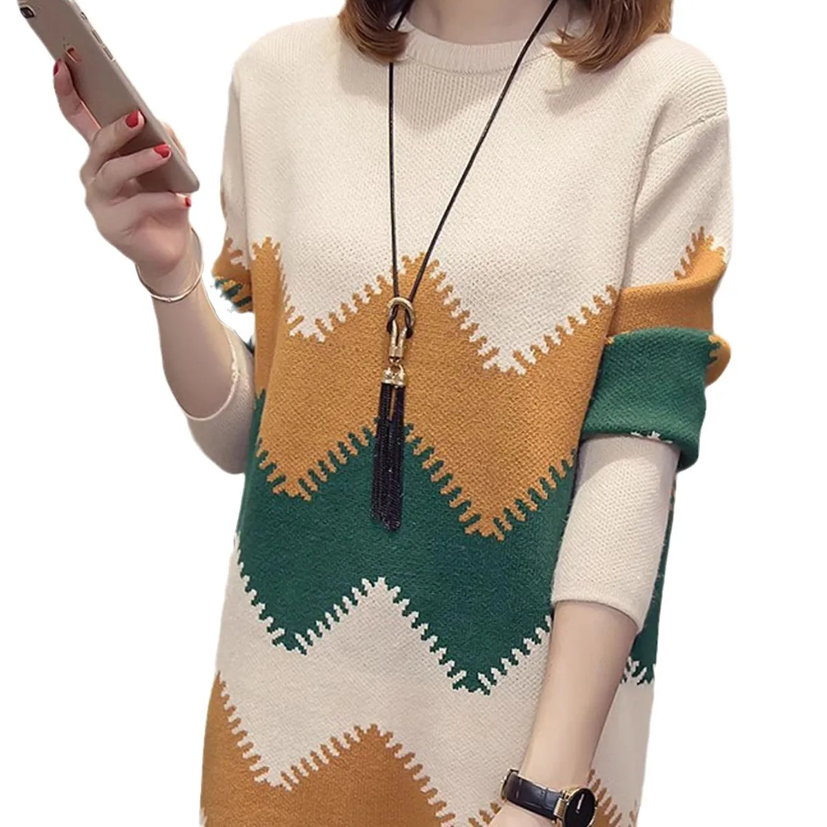 Vestido pulôver de malha de comprimento médio feminino 2025 outono inverno casual elegante bloqueio de cor versátil estilo de camadas de ajuste relaxado