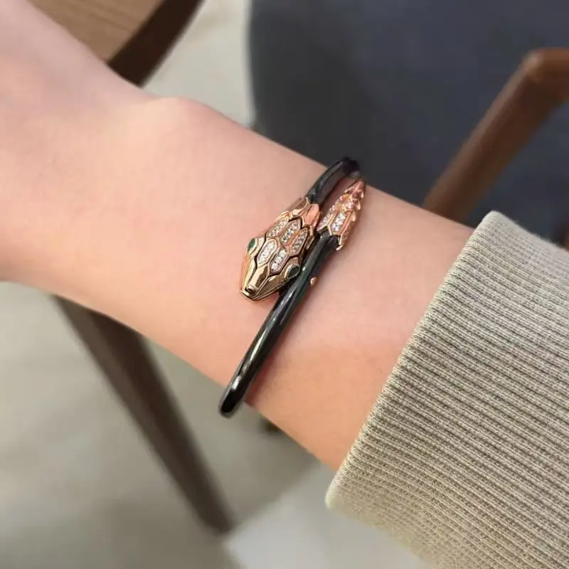 Real Silver Bracelets 925 Bangles for Woman and Man Jade Bangle Black Ceramics Snake Shape Bangles