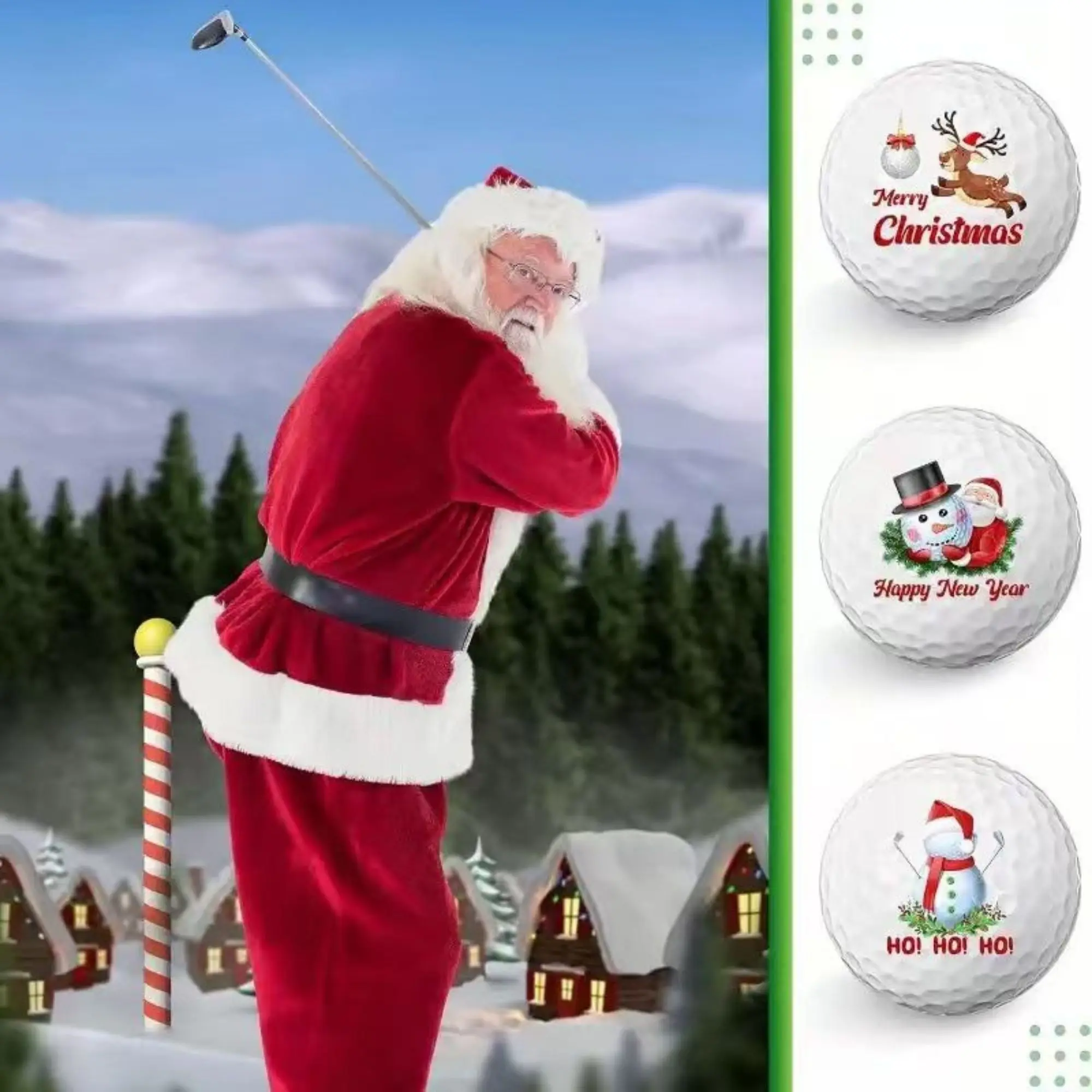 3 counts Festive Golf Balls Christmas Themed Designs with Santa Reindeer and Holiday Decorations Rubber Material Ideal