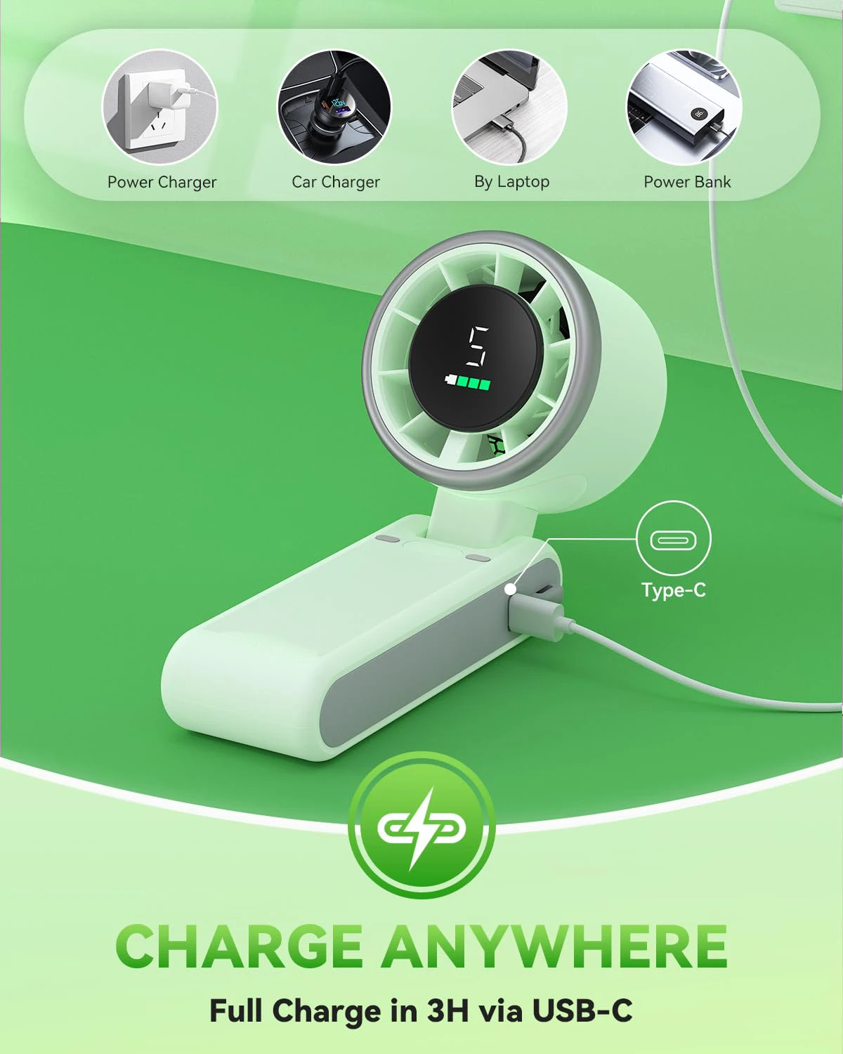 5 Gear Wind, USB-C Rechargeable Fan,Portable Handheld Turbo Fan, Up to 12 Working Hours, 3 IN 1 Hand Fans with Air Turbo Tech Cooling Fan for Outdoor Activities, Travel, Beach (Green) view 5
