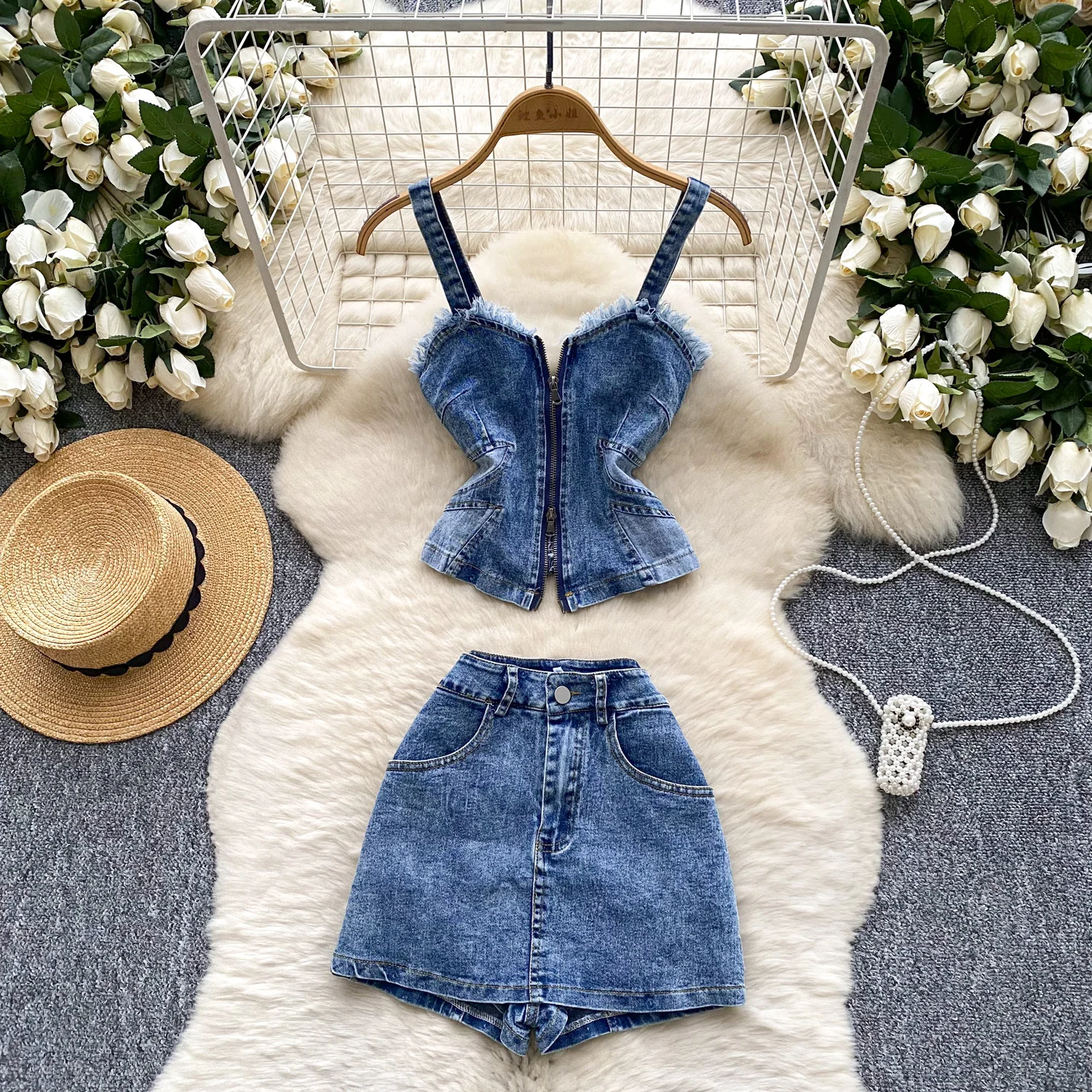 

2 piece sets woman outfits Summer Outfit - Pure Desire Fitted Strappy Fringed Denim Crop Top + High-Waisted Flared Skirt Pants