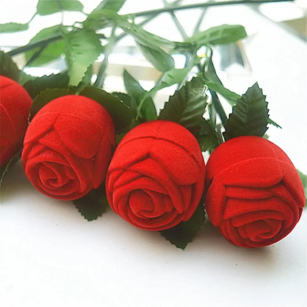 1-5pcs Red Rose Ring Boxes Velvet Flower Jewelry Display Holder Bridal Wedding Romantic Heart Flocking Storage Case