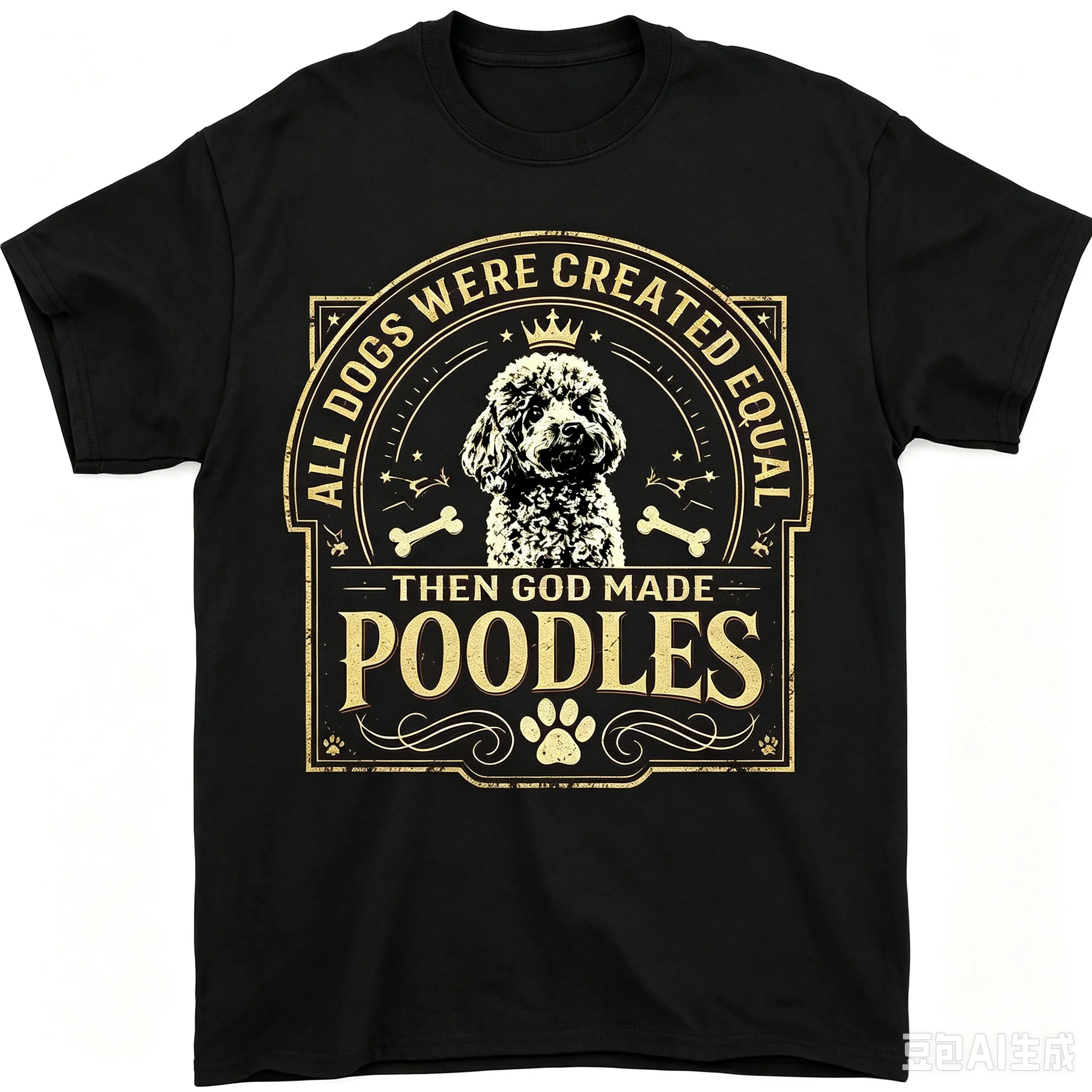 Men Poodle Dog Graphic T‑Shirt Vintage Badge All Dogs Were Created Equal Slogan Crew Neck Short Sleeve Casual Tee