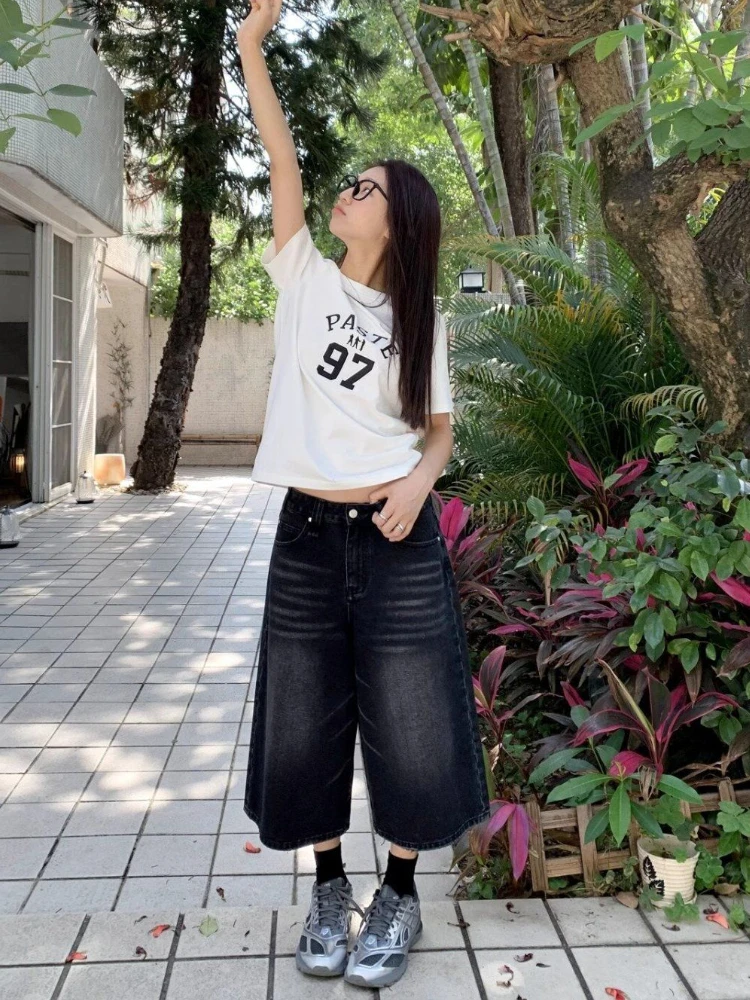 Y2k Aesthetic Summer Casual Denim Shorts Women Vintage Seven Points Trousers Jeans 2024 Harajuku High Waist Wide Leg Pants