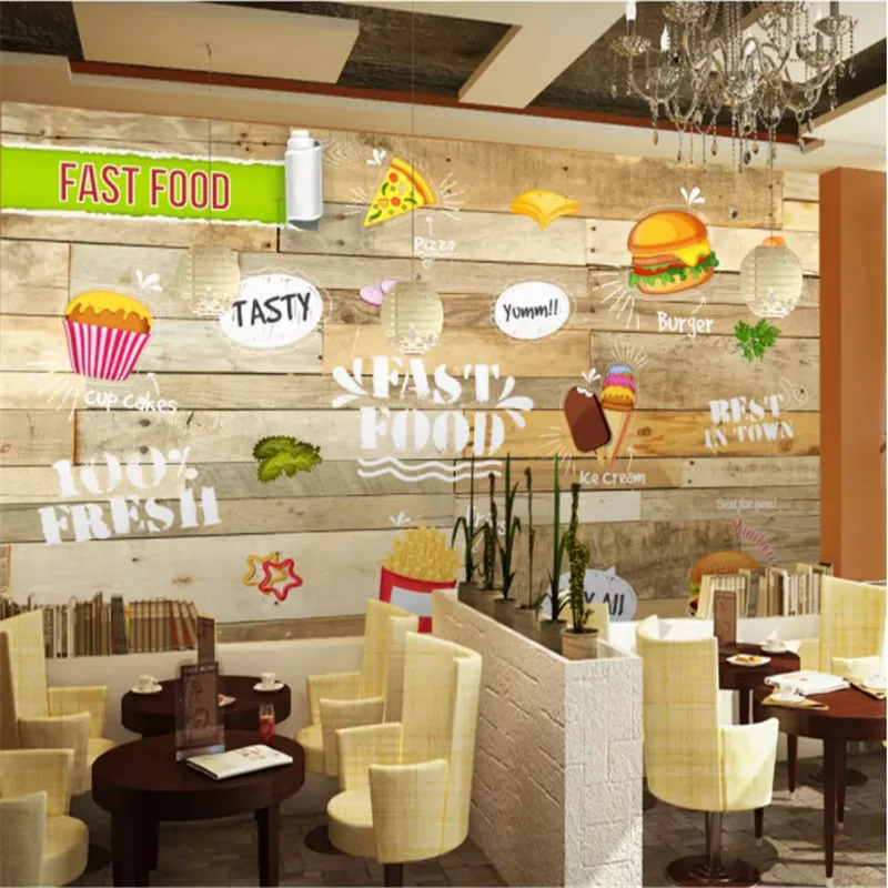 

3D Gourmet Fast Food Restaurant Snack Bar Wooden Wall Background Photo Wallpapers Snack Bar Industrial Decor Mural Wall Paper 3D