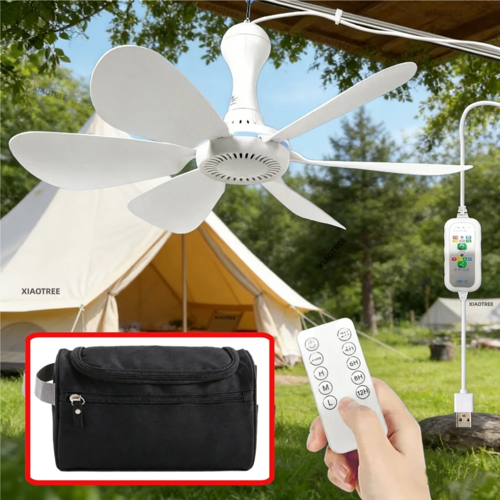 

XIAOTREE Бесшумный потолочный вентилятор с 6 лопастями, питанием от USB, пультом ДУ, таймером и 4 скоростями, подвесной вентилятор для кемпинга и палаток
