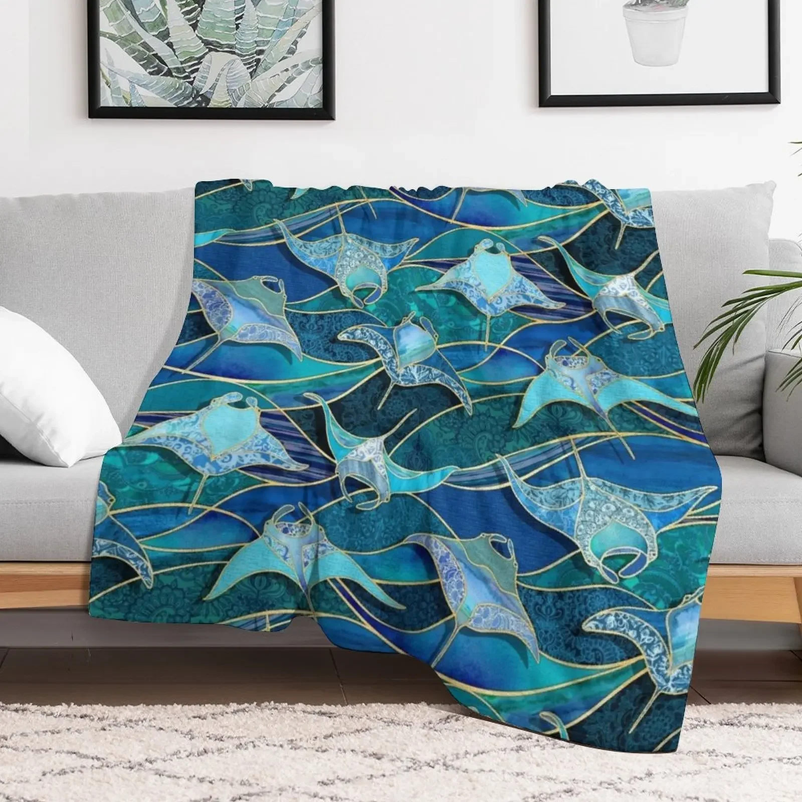 Patchwork Manta Rays in Sapphire and Turquoise Blue Throw Blanket Thin Cute Flannels Blankets