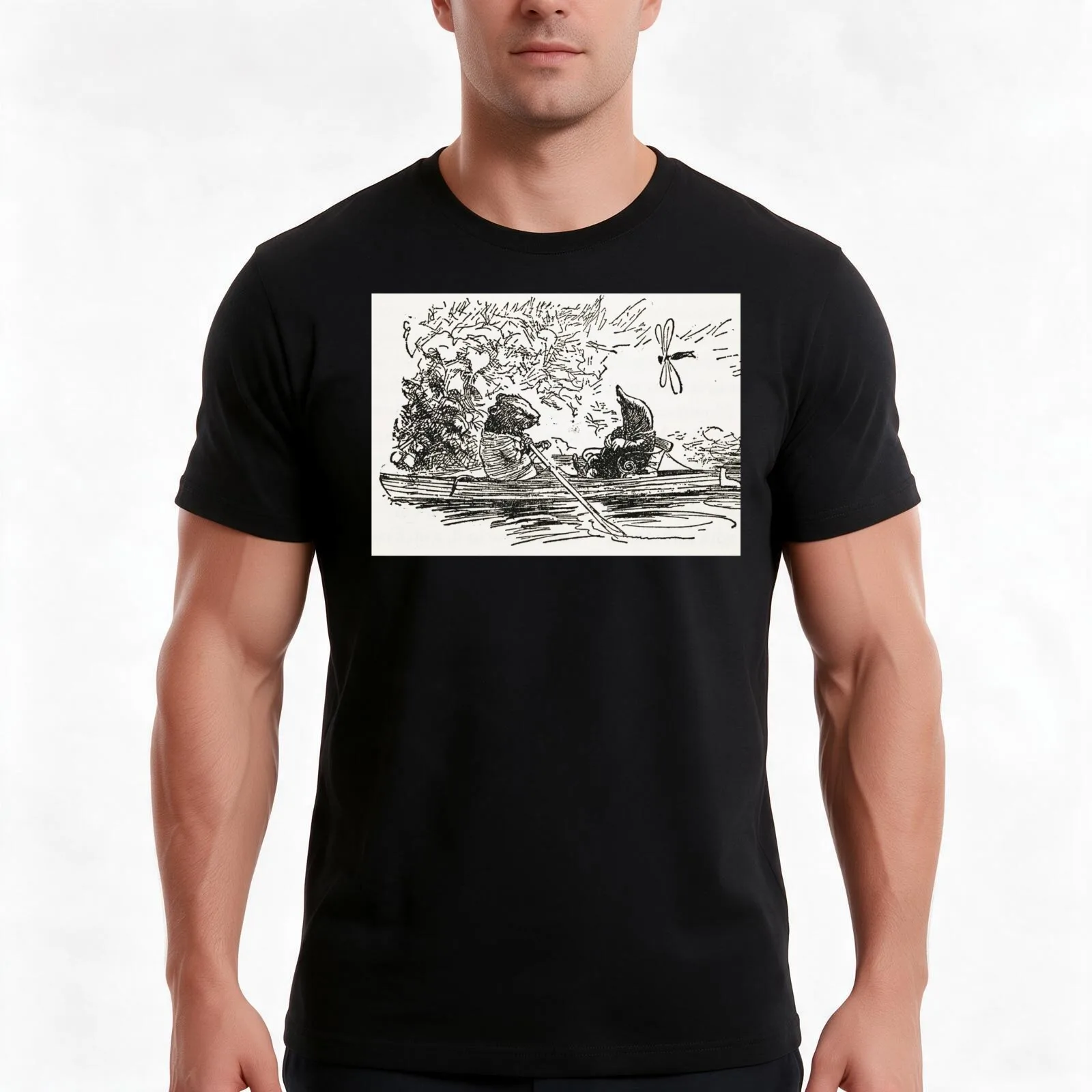 Ratty and Mole boating Wind in the Willows illustration - Arthur Rackham T-Shirt Summer Casual Cotton Tee Unisex Men Women